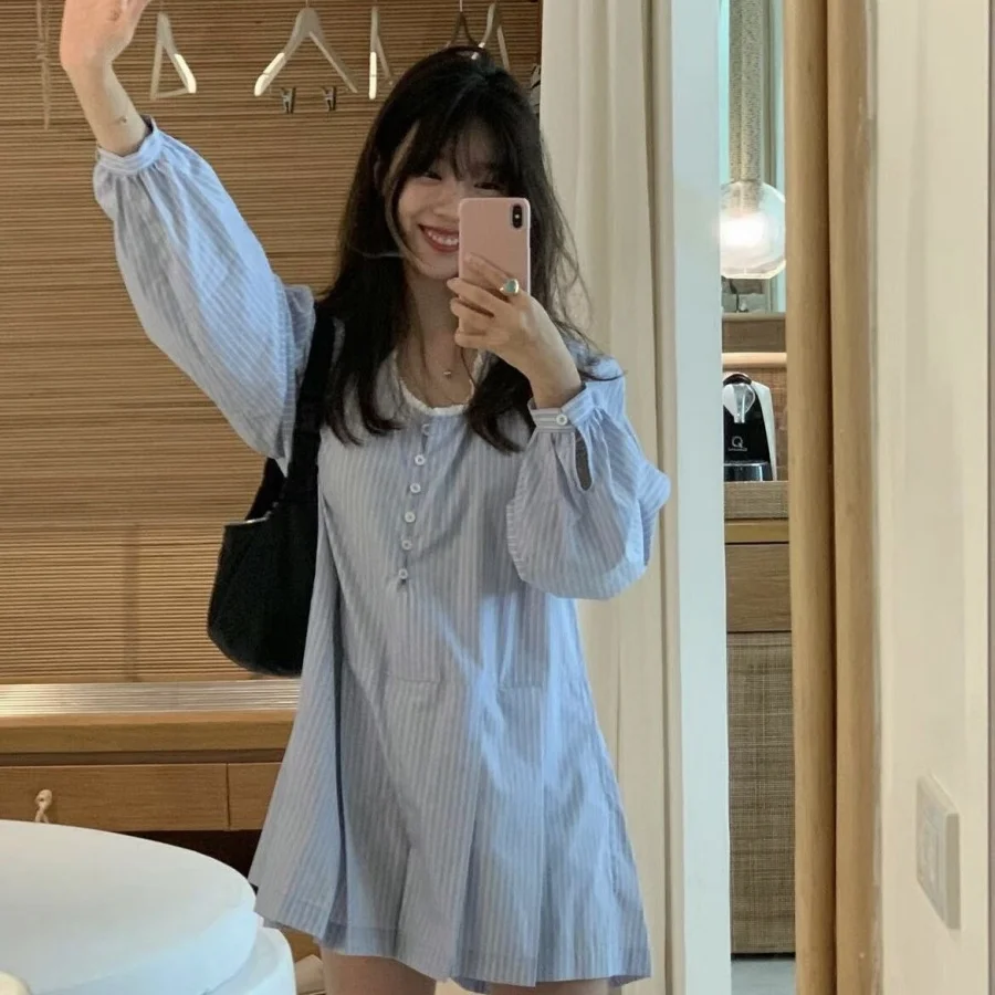 Nimo Home Chic Casual Stripe Loose One-Piece Dress Alternative Design Polyester Fiber Short Pants Natural Waist Women's Wear