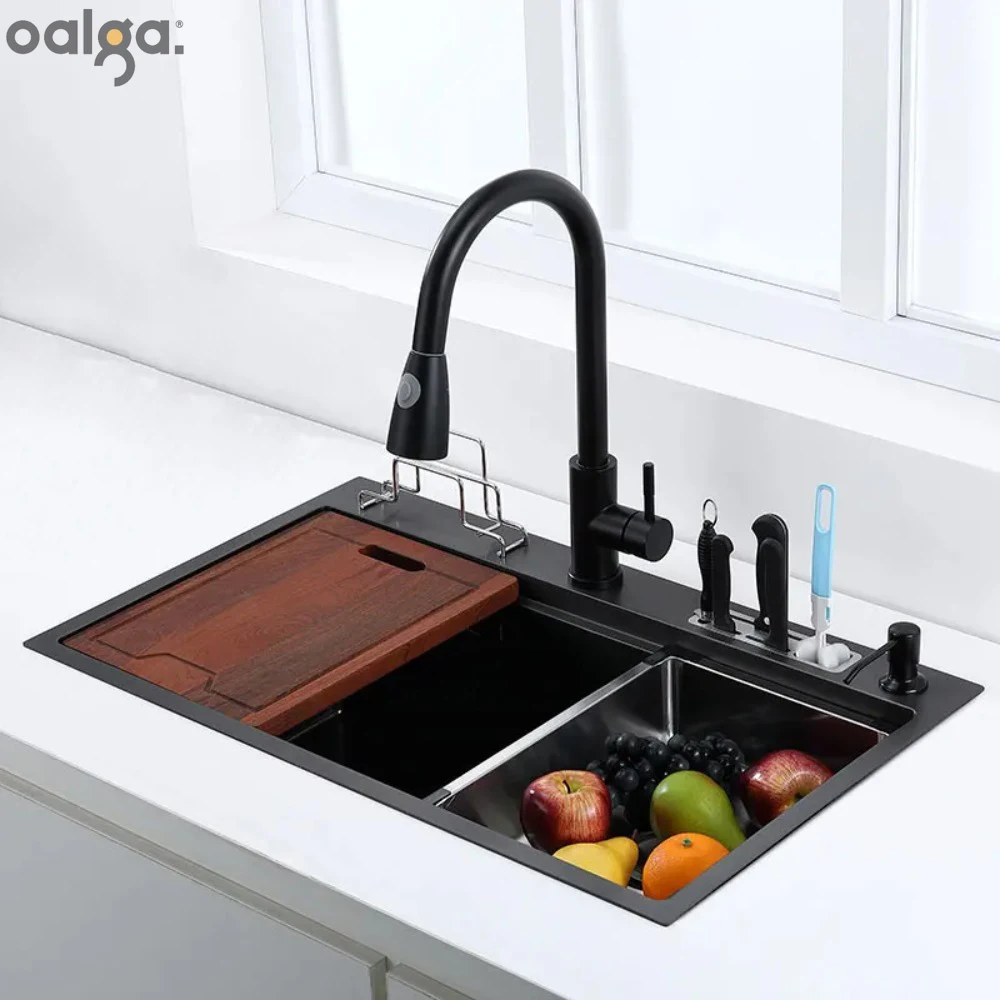 Kitchen Sinks Black Kitchen Sink with Knife Holder Vegetable Washing Basin with Cutting Board Stainless Steel High and Low Sink