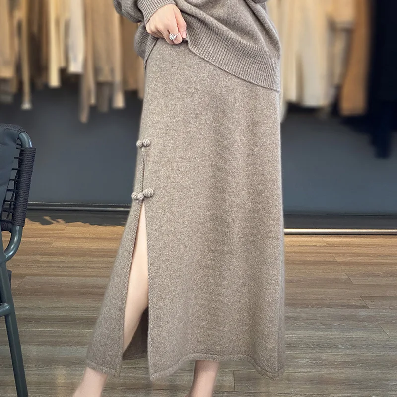 Women 100% Wool Skirt Autumn Winter Ankle-length Vent Skirt High Waisted Cashmere High End Thick A-Line Knit Wild Base Skirt