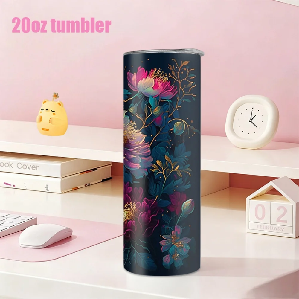1pc 20oz straw water bottle, insulated stainless steel water cup with colorful floral art pattern. view 5
