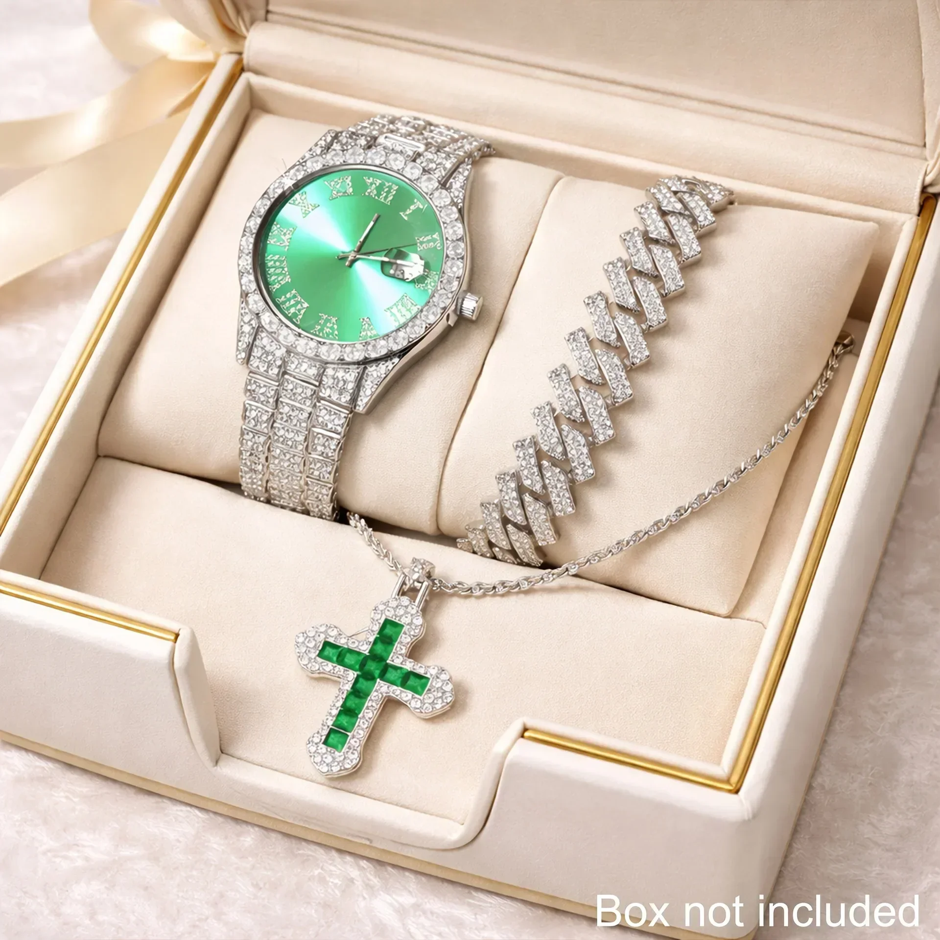 Men 3 in 1 Iced Out Watch Set Silver Full Rhinestone Quartz Wristwatch Cuban Bracelet Cross Necklace Reloj Hombre No Box
