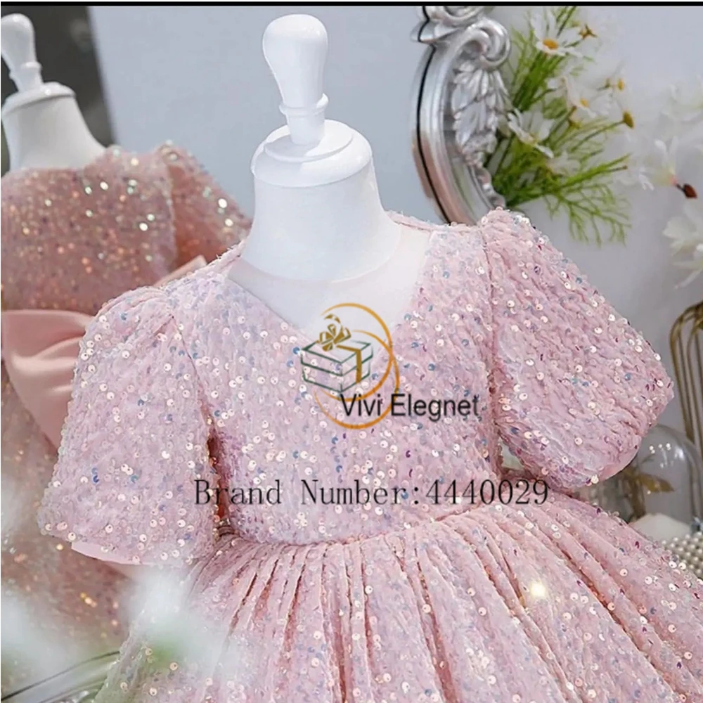 Pink Half Sleeve Flower Girls Dresses with Sequid Tutu Modern Wedding Party Dresses 2023 Summer New Zipper Back فلور فتاة اللباس