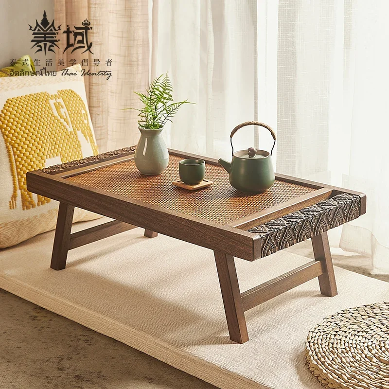 New Chinese Style Side Table Bedroom Bay Window Laptop Stand Solid Wood Folding Room Desk Rattan Weaving Design Home Furniture