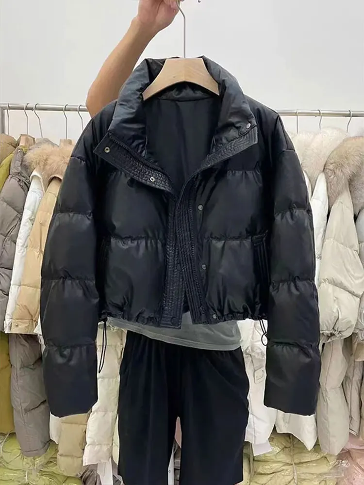 

Winter Thiened ort Puffer Jaet Women's Cotton down PU Leather Bread Sle Coat Stand Collar Zipper Closure Color