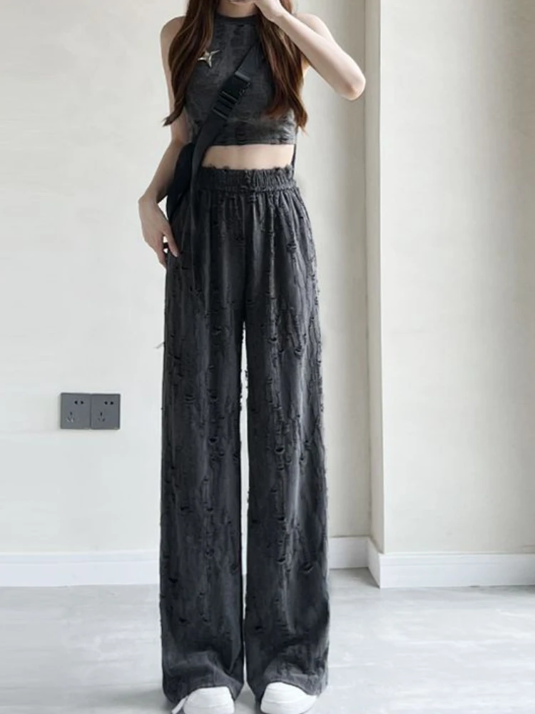 Summer Streetwear Solid Hole Casual Loose Pants Women Grunge Personality Harajuku Trousers High Waist Y2k Aesthetic Pantalones