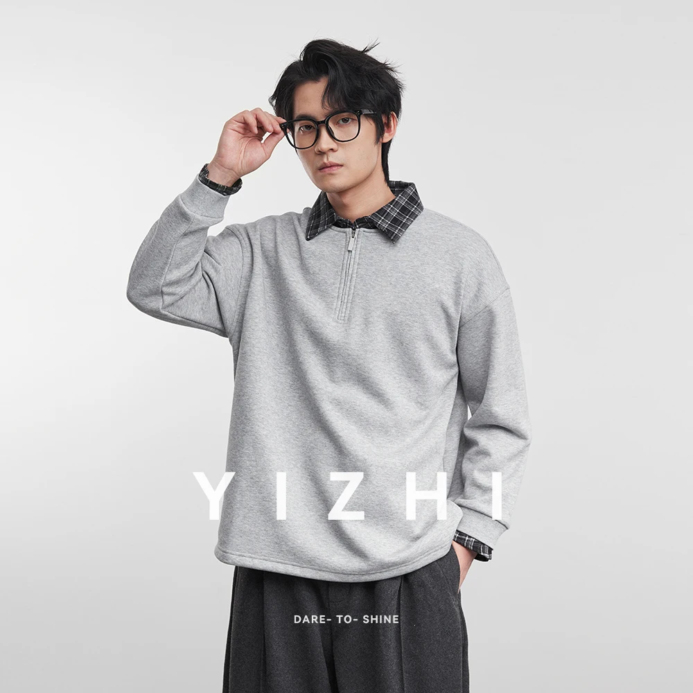 

Модная мужская толстовка из искусственного двух частей с клетчатым воротником, осень-зима 2022, новый многослойный пуловер с отложным воротником на полумолнии