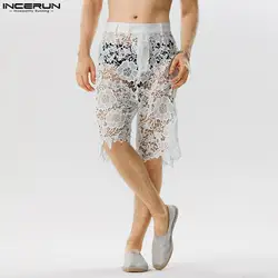 INCERUN-pantalones cortos de encaje transparente para hombre, ropa de calle Sexy de Color sólido con cremallera, S-5XL de fiesta a la moda, 2023