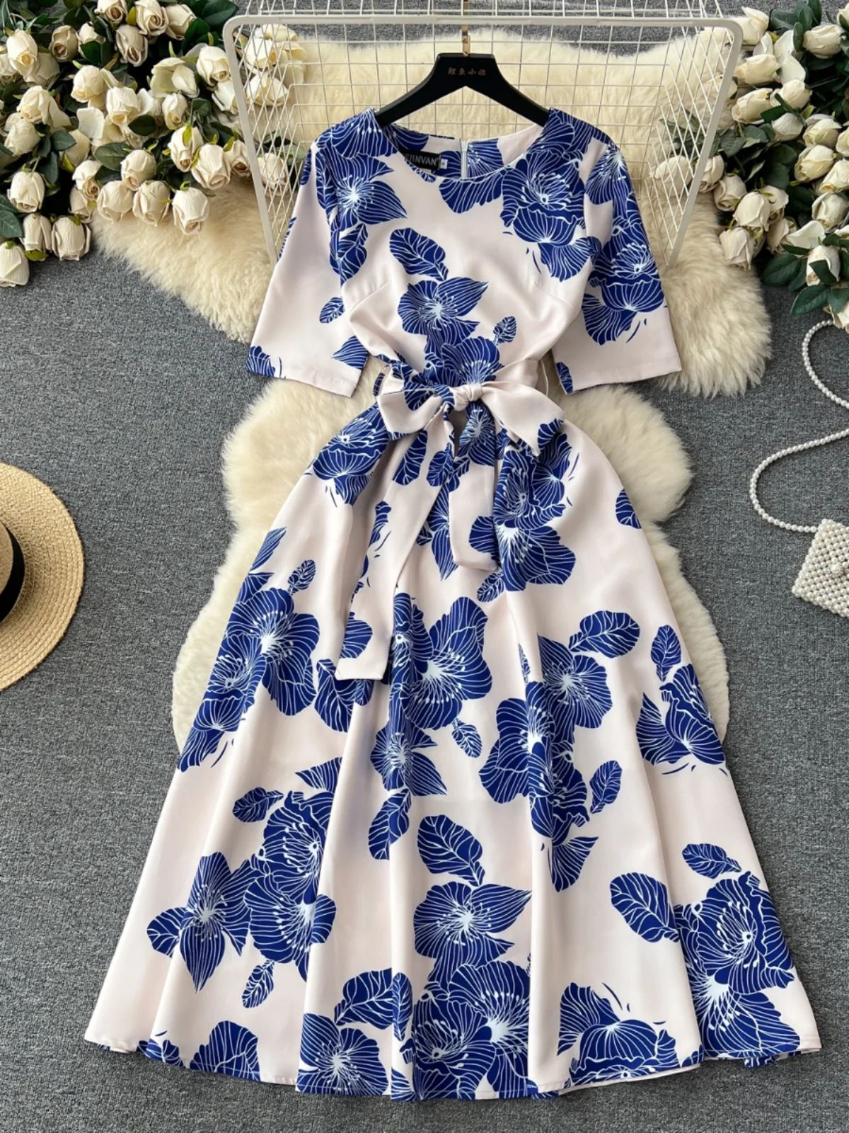 

Women Retro Short-sleeved Lace-up Elegant Print Slim Long Dress Formal Party Office Lady Work