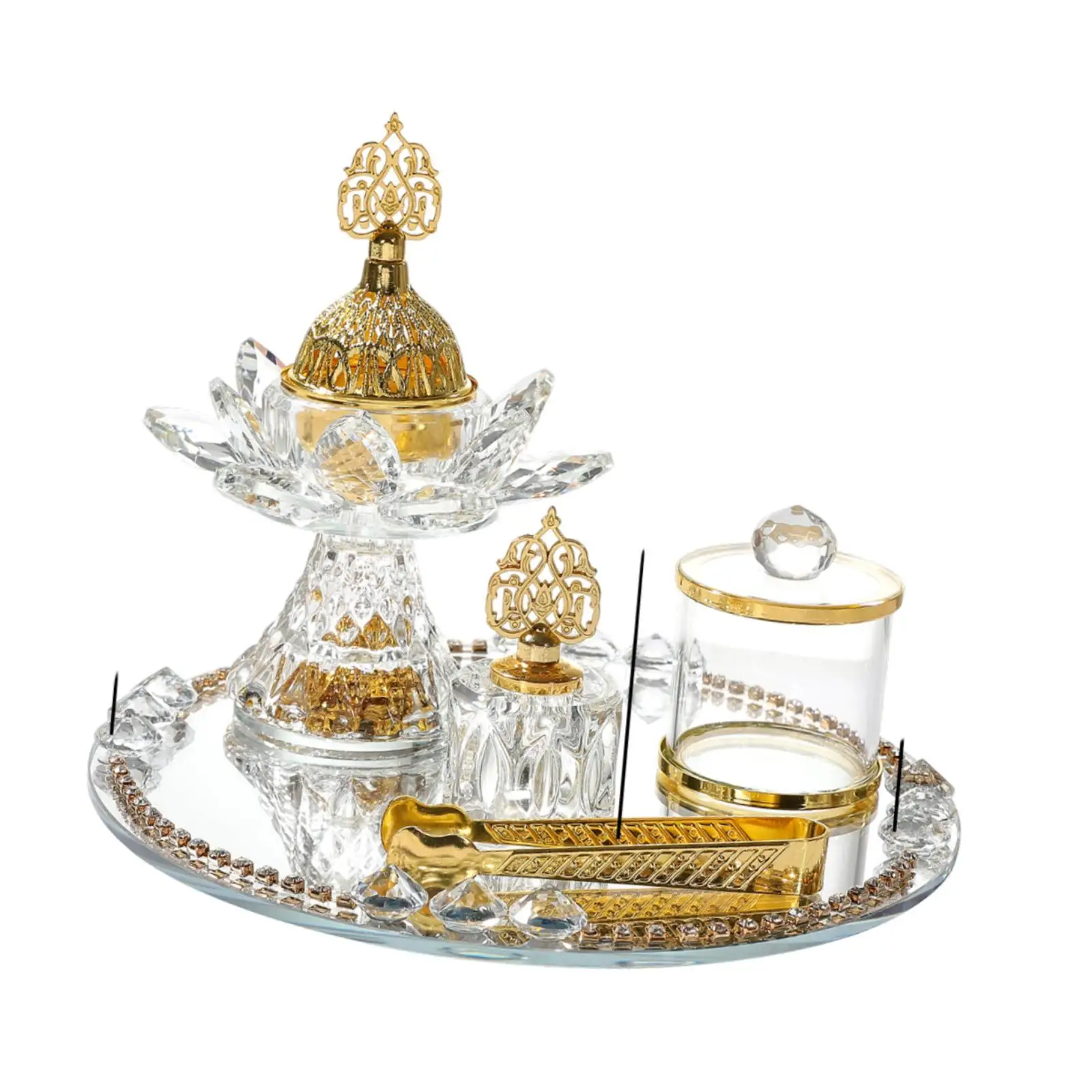 Glass Incense Burner Set Censer Ornament with Tray Storage Jar and Tongs Ramadan