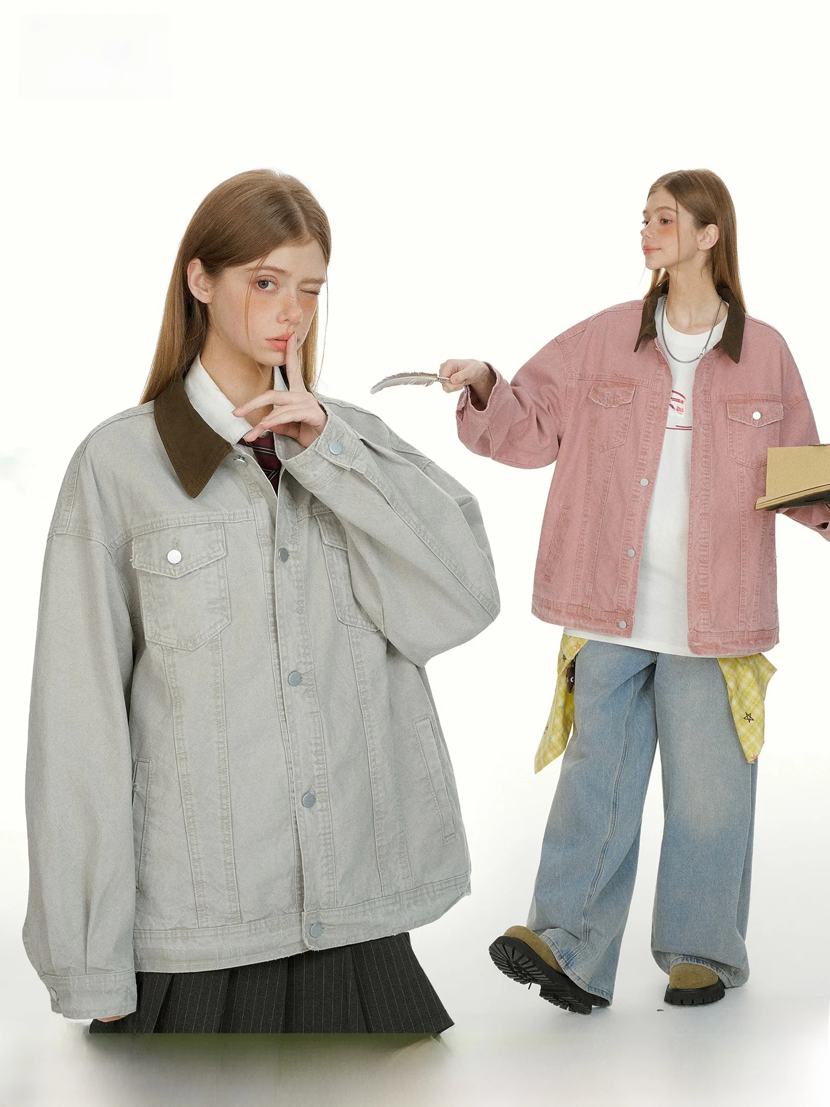 

Beetle Town American Contrast Color Collar Denim Jaet Women's Spring Autumn Loose Outerwear Casual Couple's Top