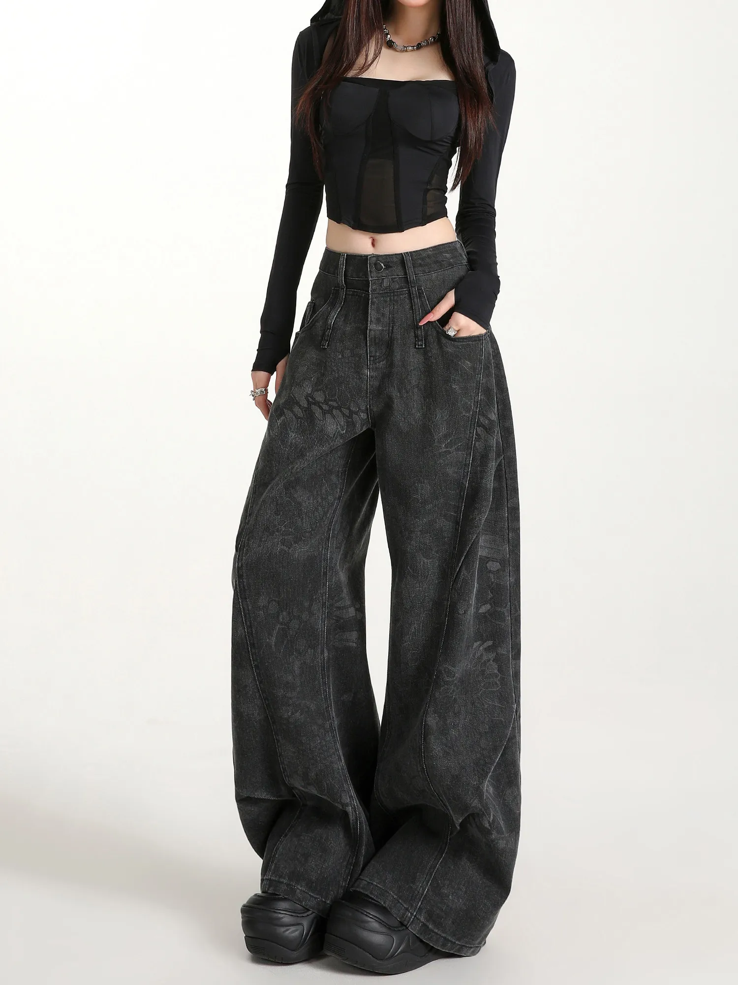 Women Black Gothic Cargo Jeans Pants Vintage Harajuku Grunge Y2k Baggy Denim Trousers Oversize Jean Pants for Women Autumn 2026