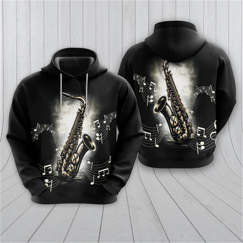 Autumn Fashion Saxophone Graphic Hoodies For Men Jazz 3D Musical Notes Print Hooded Sweatshirt Casual Oversized Women Pullovers