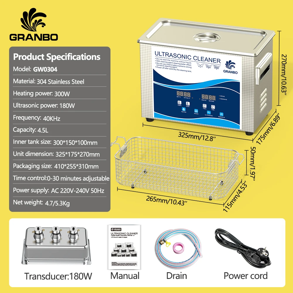 

4.5L Ultrasonic Cleaner 40kHz 180W with Degas & Half-Wave – For Dental Instruments, Medical Devices, and Plastic Toy Cleaning