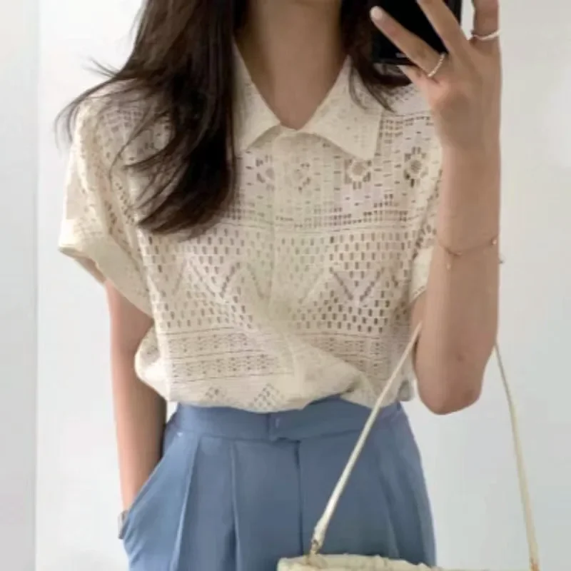 Temperament Ladies Tops Sweet Short Sleeve Blouses Women Hollow Out Fashion Korean Solid Shirts 2024 Blusas Mujer De Moda