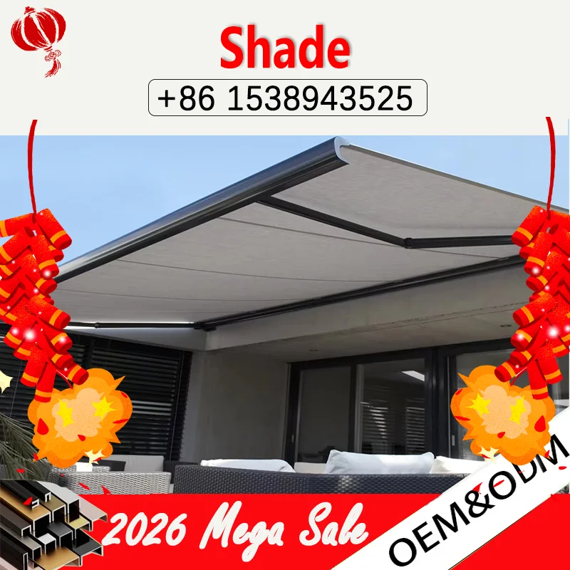 Custom-sized retractable awnings with heavy-duty full-box and electric motor systems for outdoor shading and patios