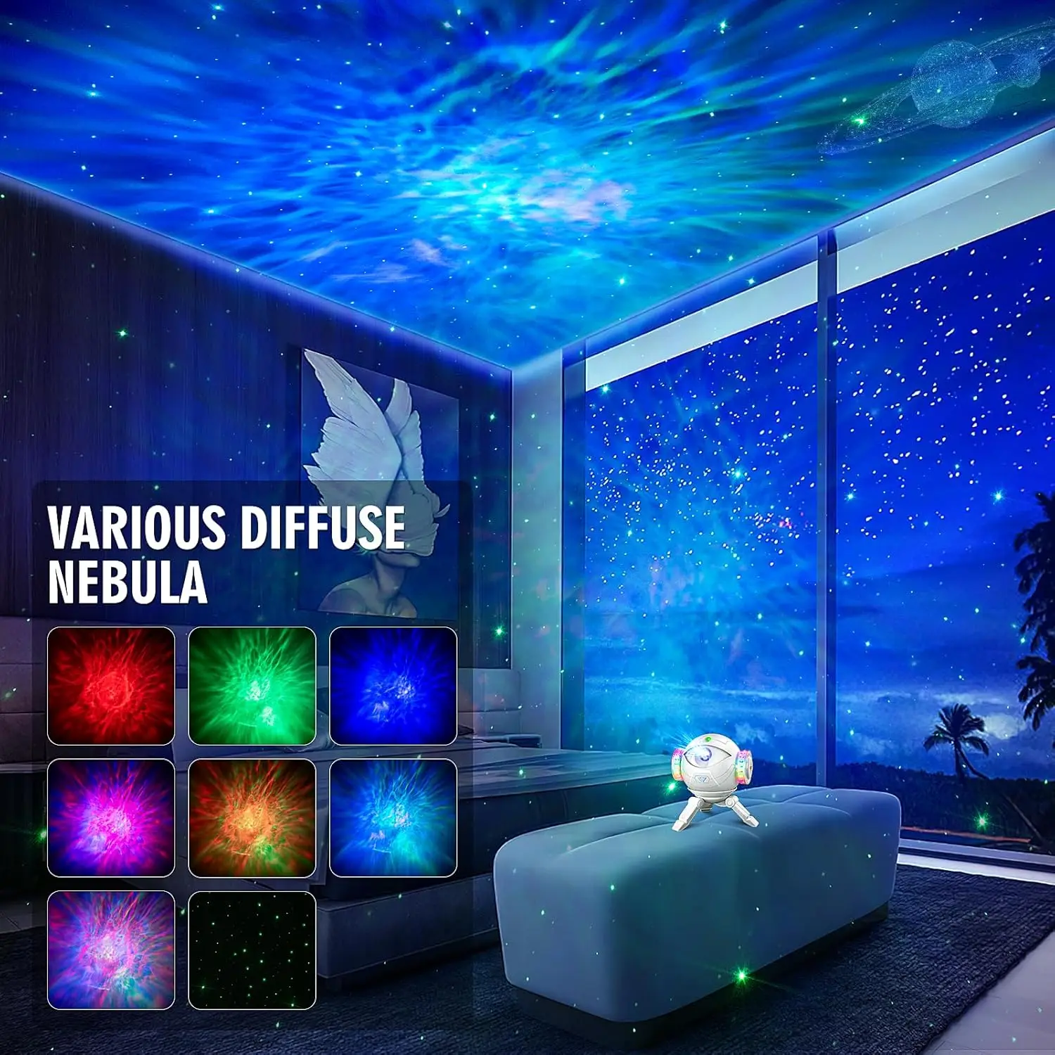 Projecteur de veilleuse ciel étoilé, lumière d'ambiance de vague de nébuleuse de galaxie, 360 °   Lampe d'ambiance rotative pour la décoration de la chambre à coucher, cadeau cool pour enfants