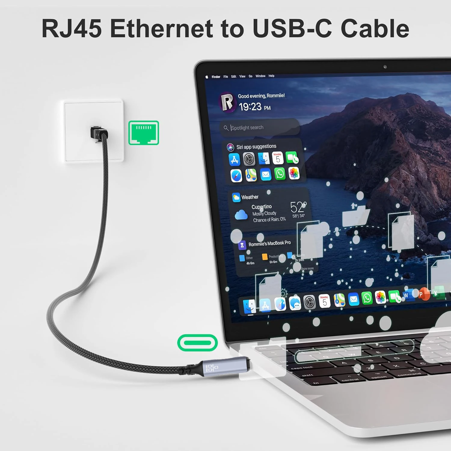 1.8M USB Type-C to RJ45 Ethernet Adapter Nylon Braided Cable, Gigabit Direct Connection, Compatible with Macbook Pro Laptops