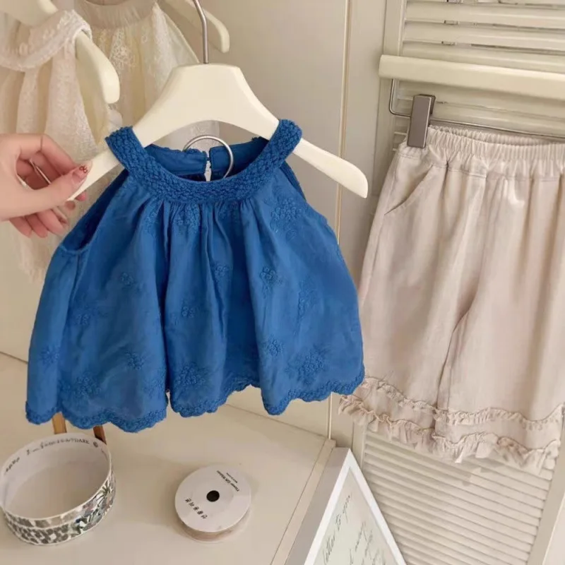 

Children's Set New Summer Girls Baby Hollow Out Halter Neck Tank Dress+Casual Shorts Two-Piece Set