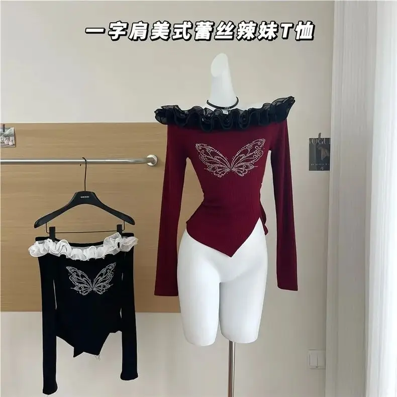 One-shoulder American lace hottie T-shirt for women 2024 autumn and winter new long-sleeved slim sexy top