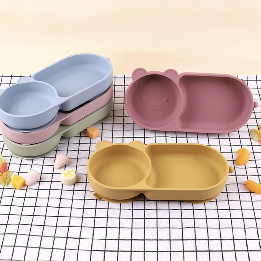Baby-Silikon-Saugnapf-Schüssel, süßes Bären-Design, Macaron-Farbe, 100 % lebensmittelechtes Silikon, BPA-frei, Doppelplatten-Design für Mahlzeiten
