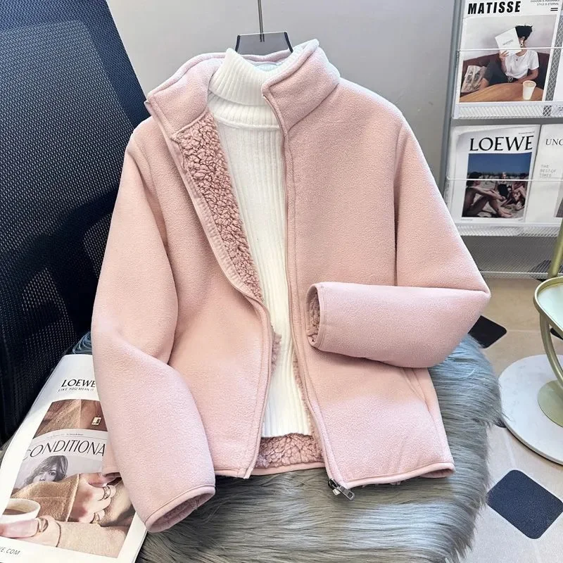 2025 mode Polar Fleece Sweatshirt frauen Stehkragen Kurzen Mantel Herbst Winter Zipper-up Verdicken Jacke Dame warme Tops