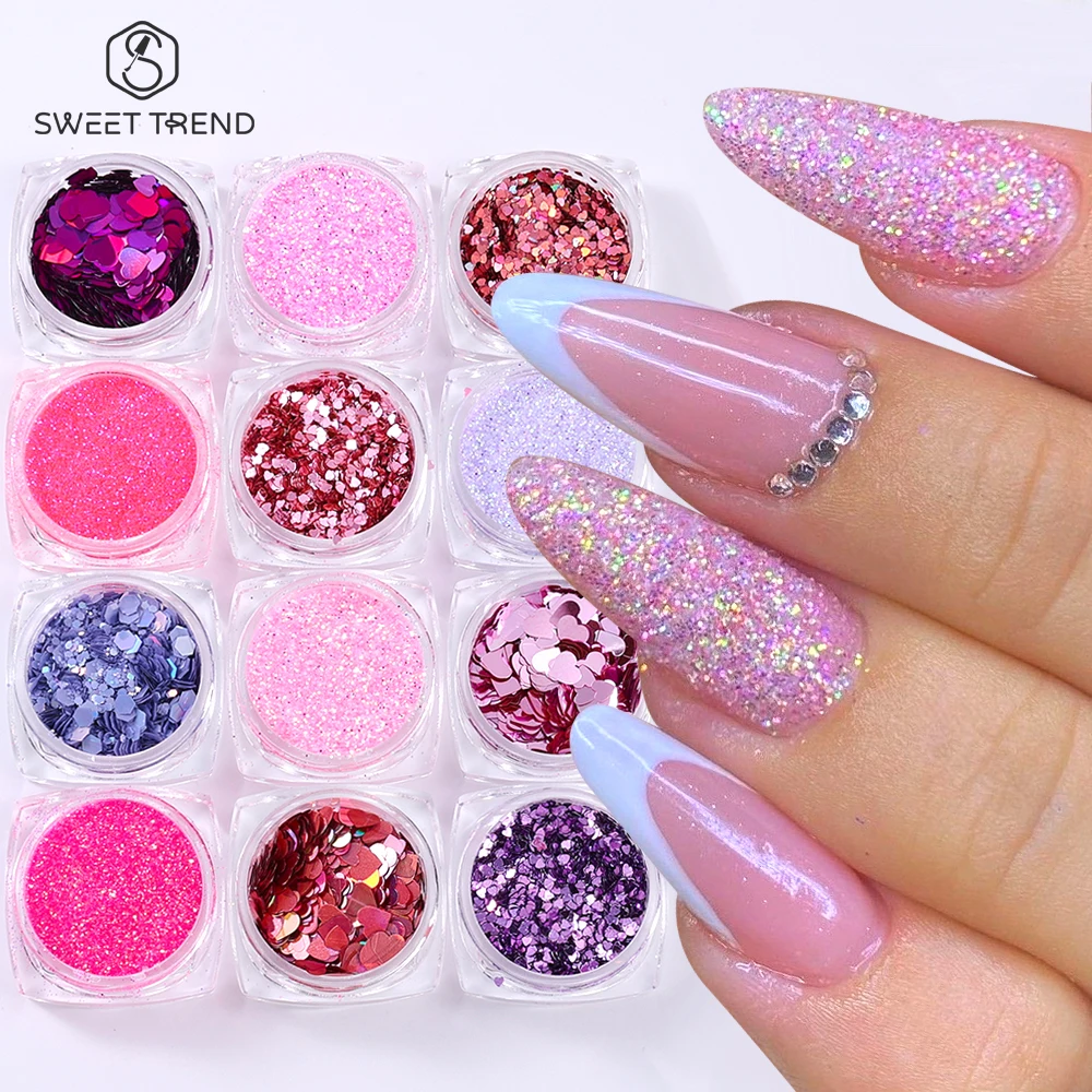 

SWEET TREND-12 Boxes Pink Nail Glitter Powder Irregular Flakes Slice Sparkly Sequins Holographic Sequins Pigment Manicure Decor