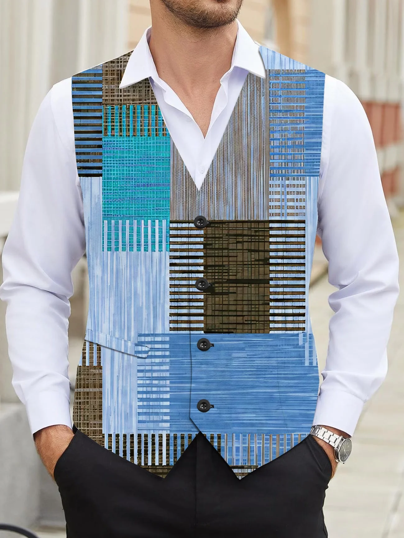 

New white background with red peony print men's long sleeved lapel, single breasted casual 1-piece top clothing