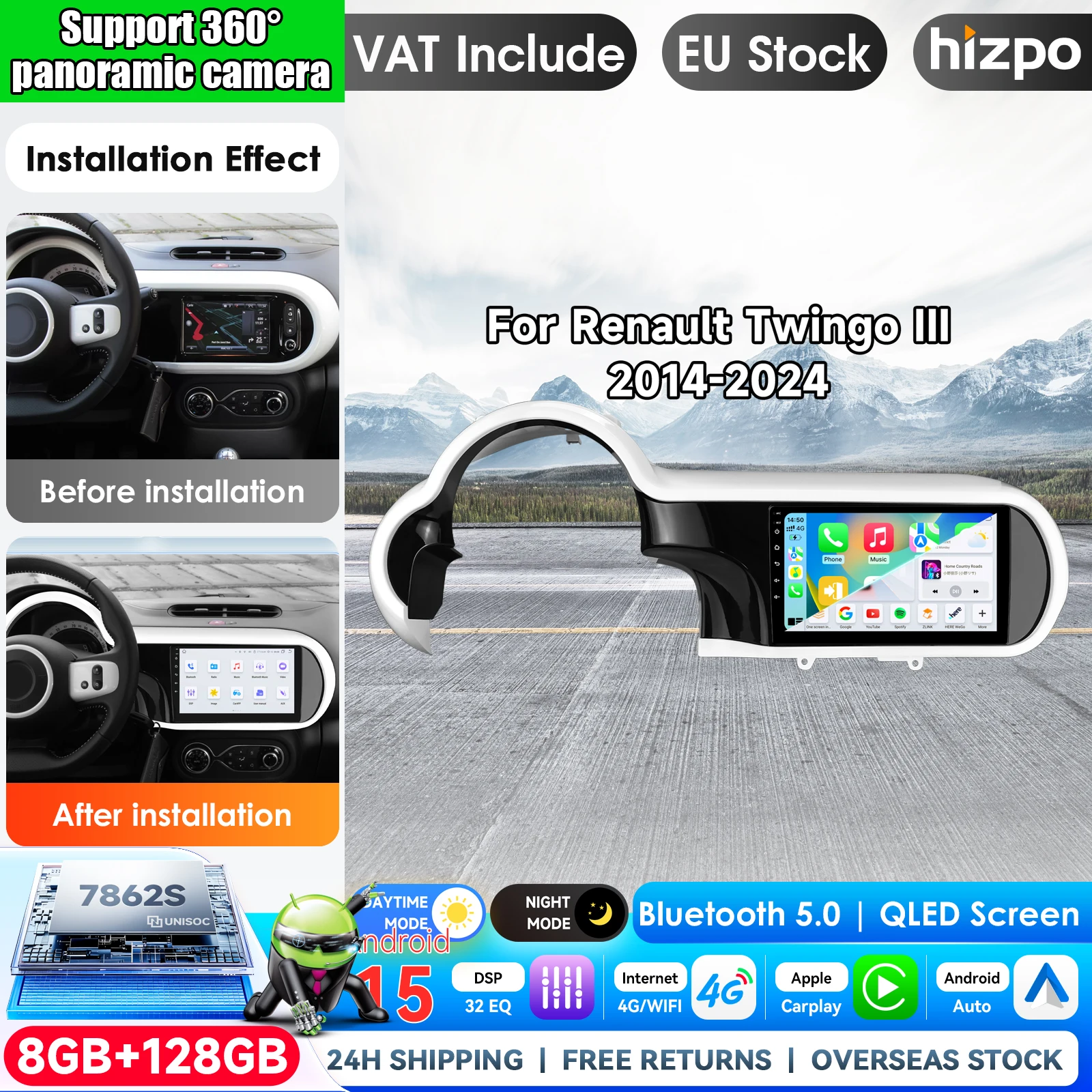 Hizpo Autoradio Android 2 Din da 9 Pollici per Renault Twingo 3 Ⅲ 2014 - 2024, Lettore Multimediale per Auto, Schermo QLED, Carplay Wireless, GPS, Stereo, Display Touch, Airplay, Unità Principale
