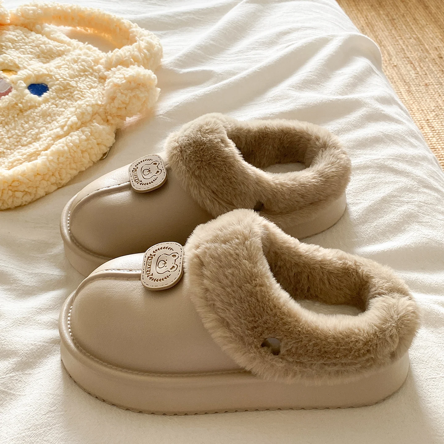 الخريف والشتاء ملابس خارجية غير رسمية خفيفة الوزن شقة سوليد نعال من القطن للنساء المنزل داخلي الصوف مبطن نعال من القطن الدافئ #2