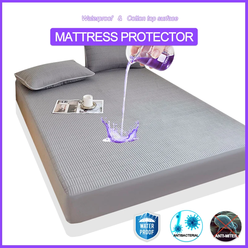 

Waterproof Mattress Cover Breathable Mattress Protector Anti-mite Anti-bacterial Bed Fitted Sheet Single/Double/140/160/200,Grey