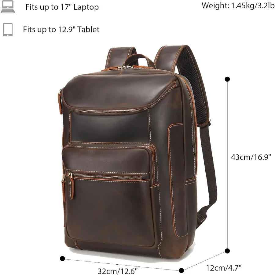 حقيبة ظهر من الجلد المحبب بالكامل من LANNSYNE للرجال مقاس 17 بوصة حقيبة ظهر للكمبيوتر المحمول كاجوال للعمل في الهواء الطلق حقيبة ظهر للسفر بسحابات YKK