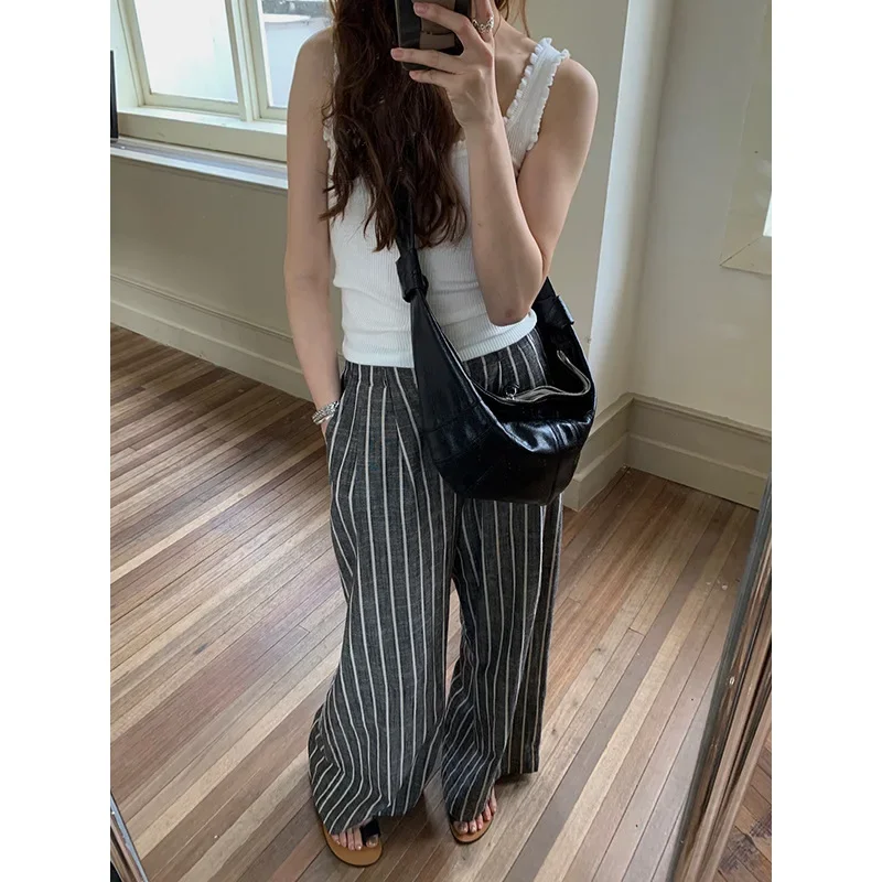 2024 Spring and Summer New Cotton and Linen Striped Casual Pants for Women Slim and Wide Leg Straight Leg Pants