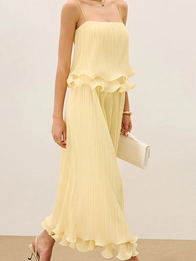 ชุดเซ็ทสองชิ้นเสื้อสายเดี่ยวเปิดไหล่ทรงยาวหรูหรา แต่งระบายพลีท พร้อมกระโปรง ชุดเซ็ทแฟชั่นสำหรับผู้หญิง