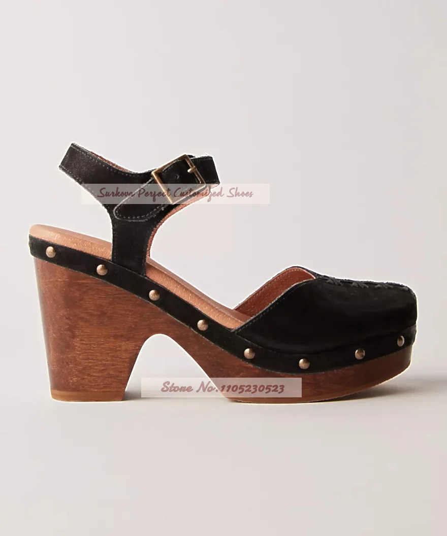 Women Vintage Wooden Clog Sandals Ankle Strap Buckle Studded Decor Block Heel Dress Shoes Retro Stylish Stitch Party Shoes