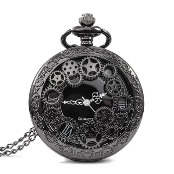 Steampunk Copper Vintage Hollow Gear Hollow Quartz Pocket Watch Necklace Pendant Clock Chain Men Women with Chain Gifts 1