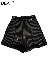 DEAT Women Short Pants Stripe Shiny Rhinestone Diamonds High Waist Wide Leg Pleated Lace Shorts 2024 Autumn New Fashion 11XX088