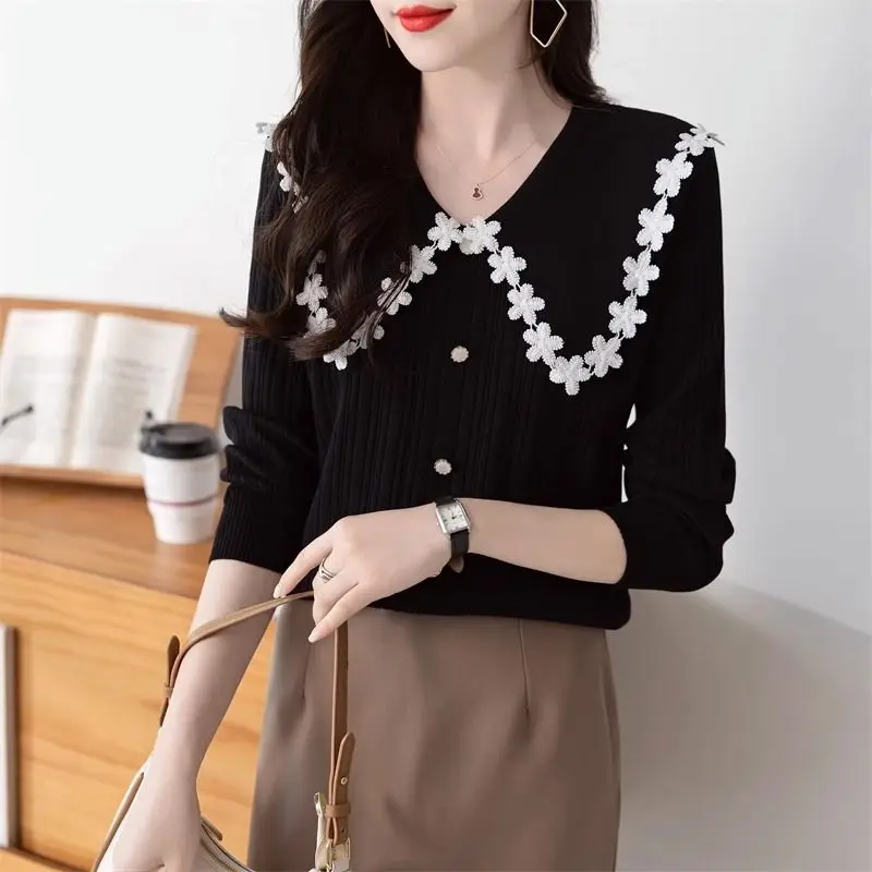 spring autumn new Doll Collar Long Sleeve fashion sweater women High street Contrast color Button Striped patchwork Pullovers