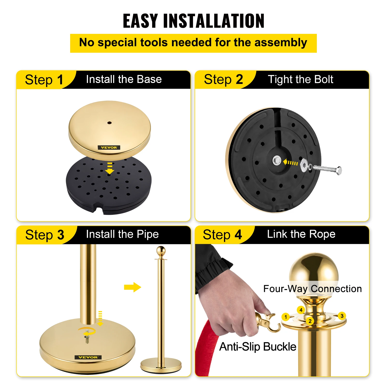 VEVOR 4 Poteaux de Guidage Poteaux de Séparation d'Or avec 3 Cordes en Velours Rouges 1,5 m, 4 PCS Poteaux de Contrôle des Foules en Acier Inoxydable Connexion à Quatre Voies pour Contrôle des Foules