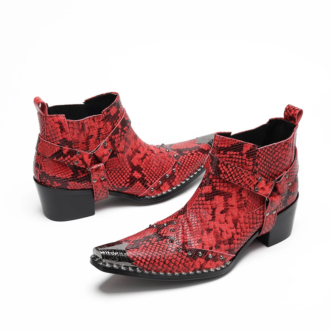 

Модные мужские ботильоны из натуральной кожи с красным змеиным узором, большие размеры, короткие ботинки для ночного клуба, выпускного вечера, мужские вечерние модельные туфли