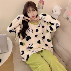 Coral Velvet Sleepwear Women Autumn Winter Flannle Pajamas Set Kawaii Clothing Warm Thick Homewear Korean Fleece Nightwear