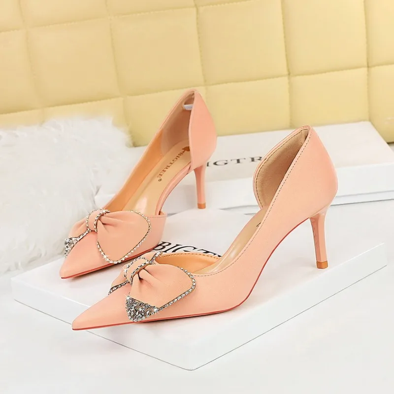 

Luxury High-heeled Women's Sandals Bow Pointed Stiletto Banquet Women's Pumps and Heels Rhinestone Metal Buckle Woman's Shoes