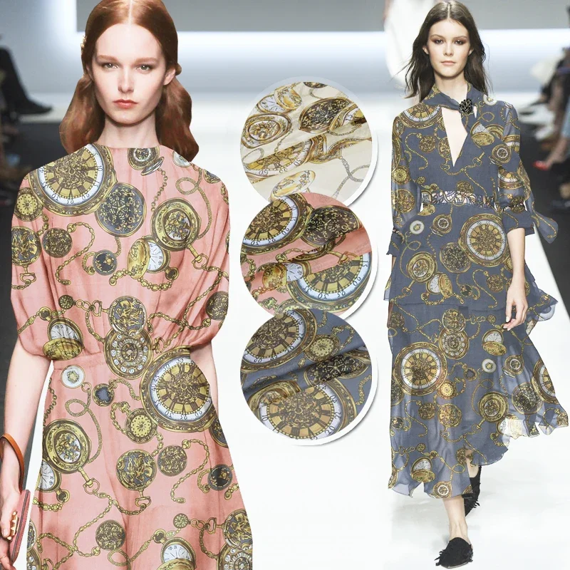 

135CM Wide 6MM Clock Print Thin Beige Pink Gray Silk Chiffon Fabric for DIY Sewing Summer One-piece Dress Shirt Clothes JH181