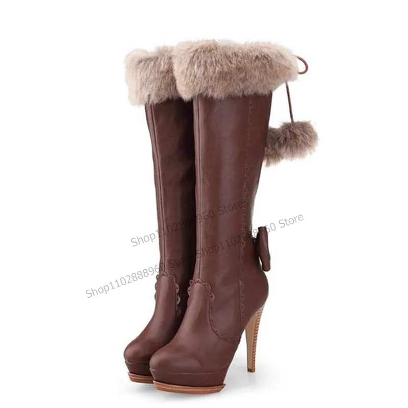 Knee High Brown Platform Fur Bow Knot Decor Boots Thin High Heel Women Shoes Slip-On Pointed Toe 2023 Zapatos Para Mujere