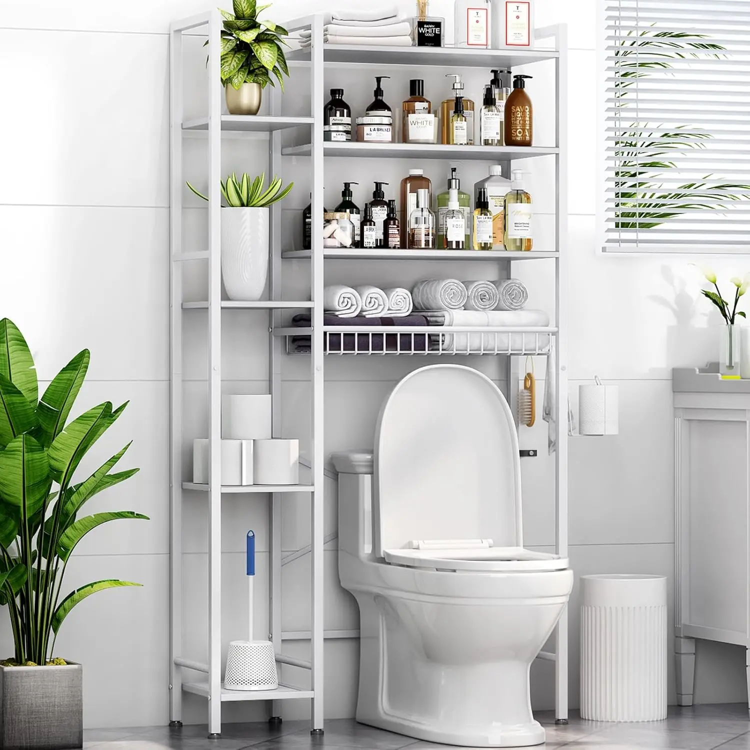 

8-Tier Over The Toilet Storage with Side Rack, Over Toilet Storage Rack with Adjustable Shelf & Drain Basket, Freestanding Ba