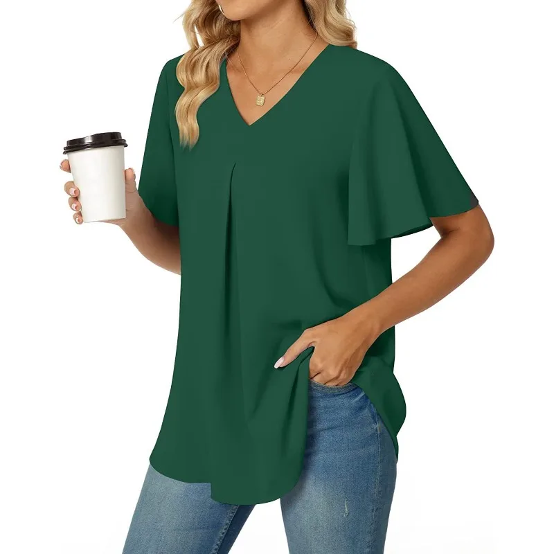 Summer Women\'s Elegant Commuter Shirt Simple Solid Color Fashion V-neck Petal Sleeve Shirt Casual Holiday Women\'s Shirt