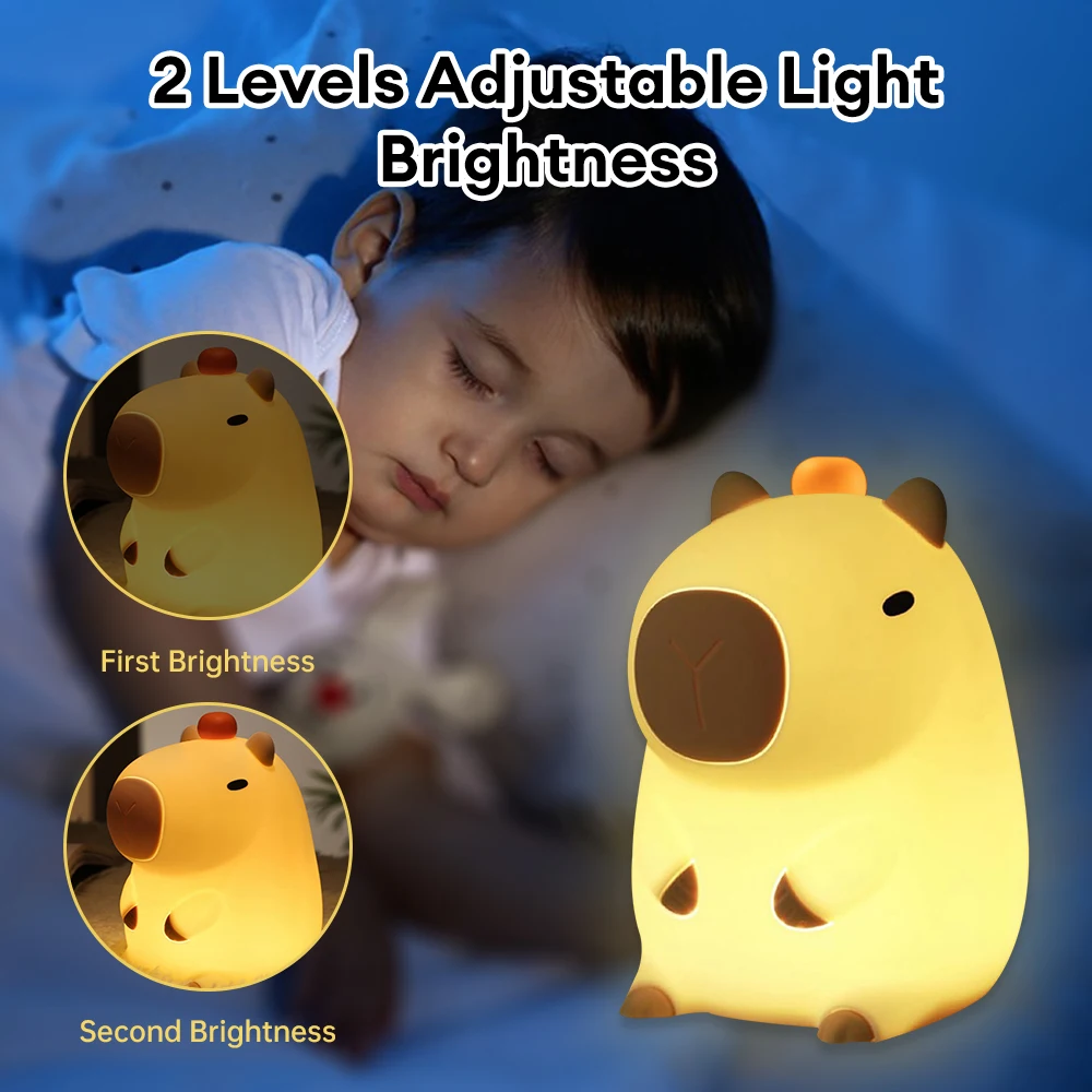 LED Capybara Night Light Cute Silicone USB Rechargeable Animal Lamp Touch Sensor Nightlight Children Kid Bedside Bedroom Decor