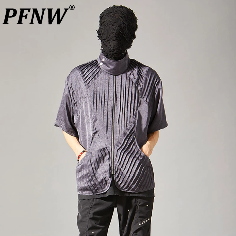 

PFNW High Street Men's Shirts Pleated Stand Collar Short Sleeve Male Loose Clothing Solid Color Tops Zippers New 2024 12C195