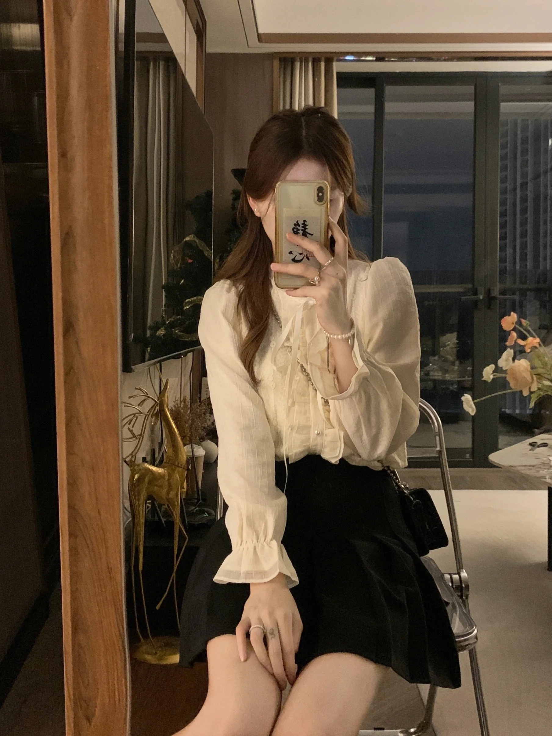 

Элегантная женская блузка с кружевной отделкой, воротником-стойкой и рукавами-колокол, весенняя новинка, с цветочным принтом, влагоотводящая, свободного кроя, длинная