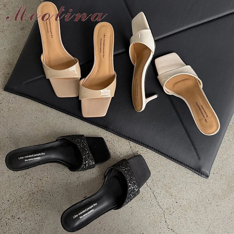 

Meotina Women Genuine Leather Slides Square Toe Sandals Thin High Heels Slippers Sexy Ladies Fashion Shoes Summer Apricot 40