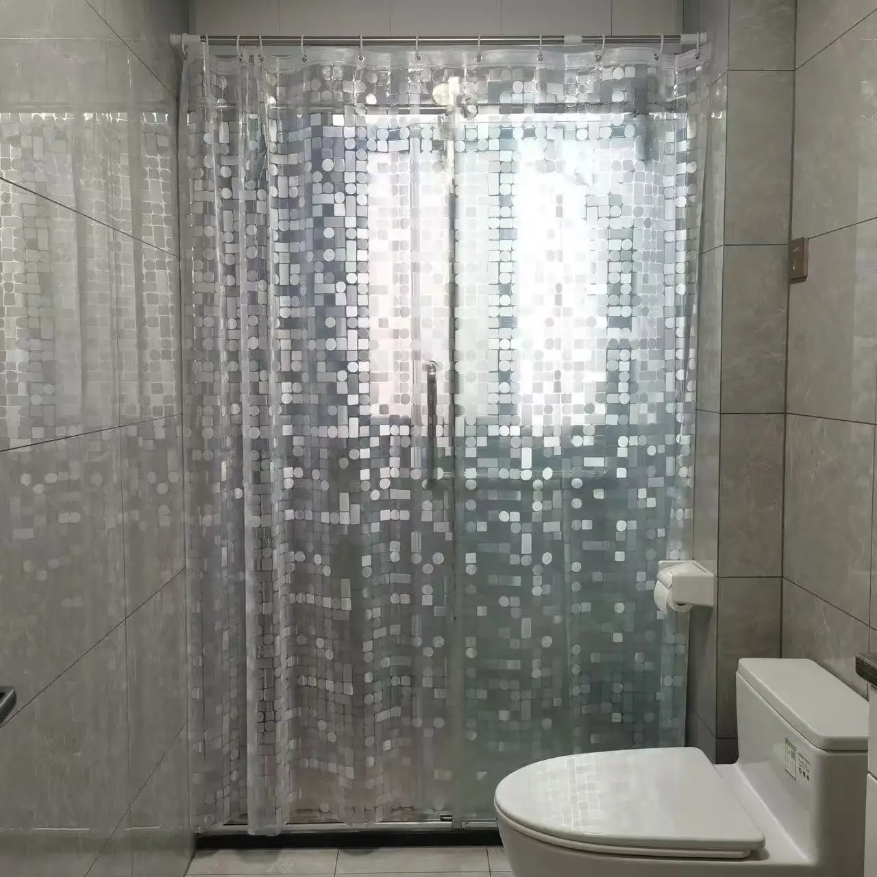 Modern Geometric Pattern PEVA Shower Curtain, Waterproof Bathroom Decor with 12 Hooks & Rust-Proof Grommets